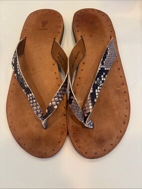 Frye Brown Leather Flip Flops with Snake-Print Straps